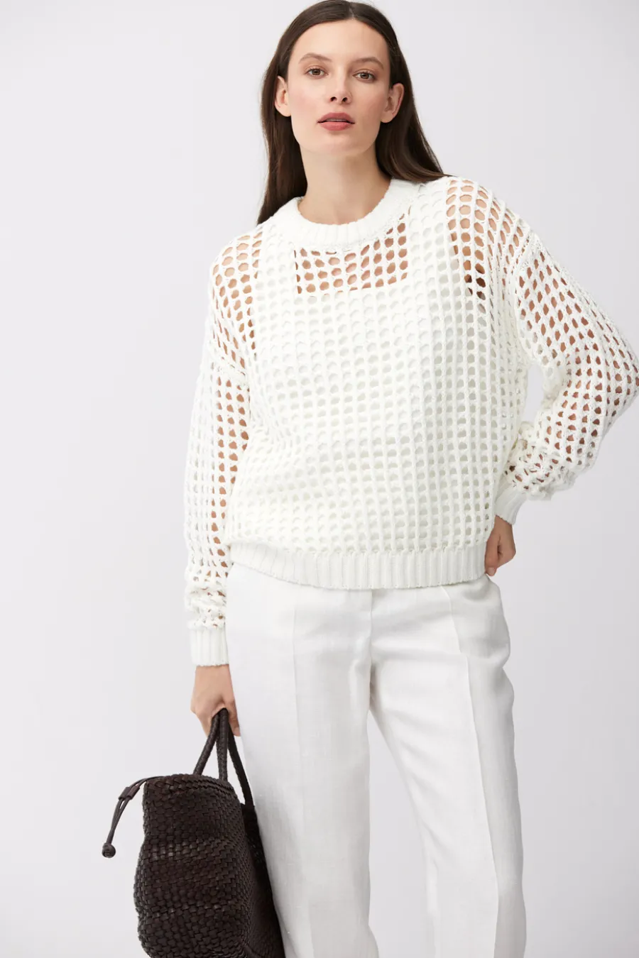 Ażurowy sweter off white z bawełny