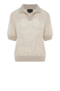 Beżowy sweter z kołnierzykiem polo z baby suri alpaką