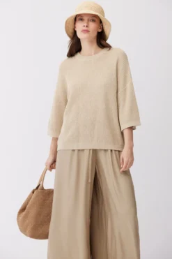 Luźny beżowy sweter z bawełną i lnem