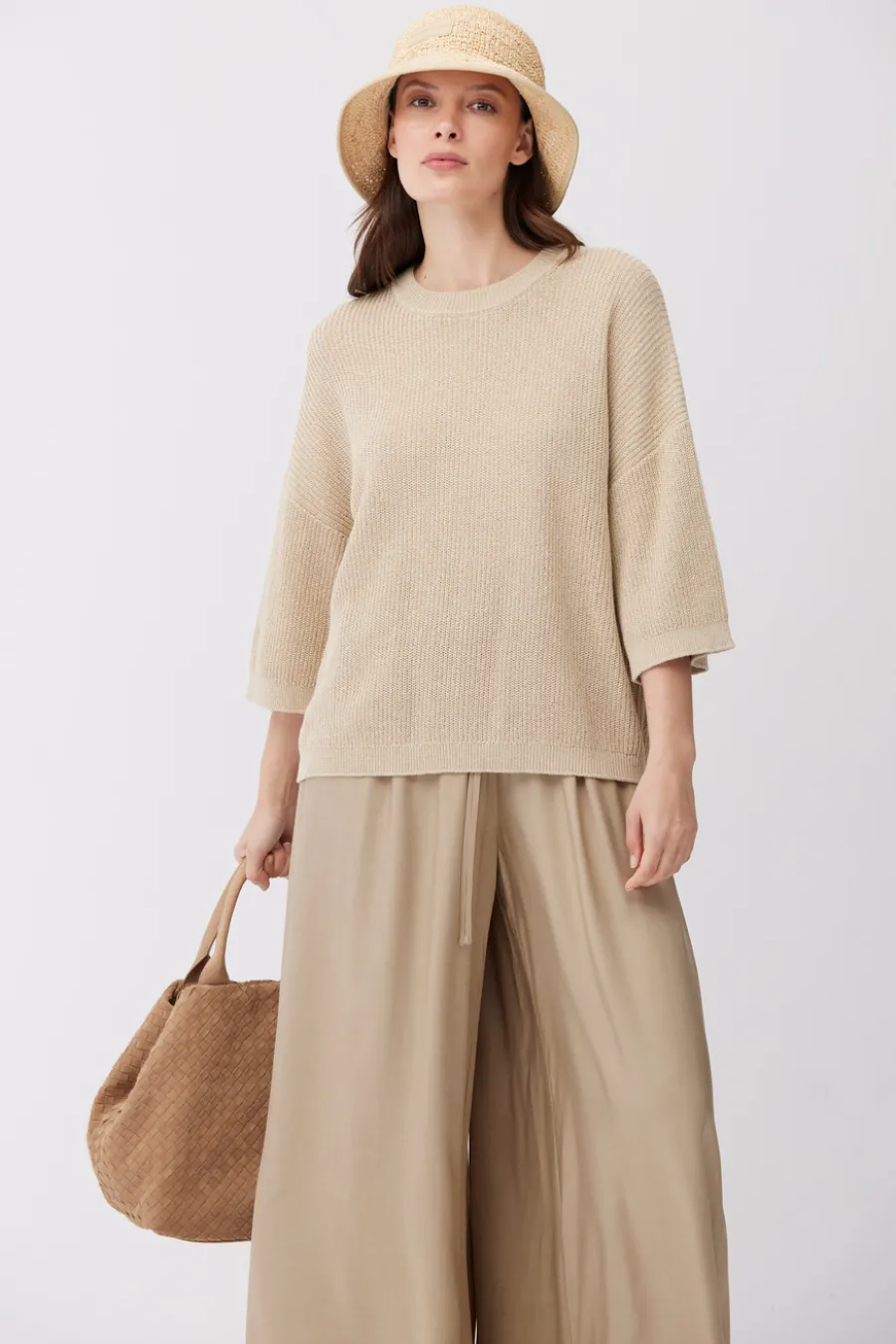Luźny beżowy sweter z bawełną i lnem
