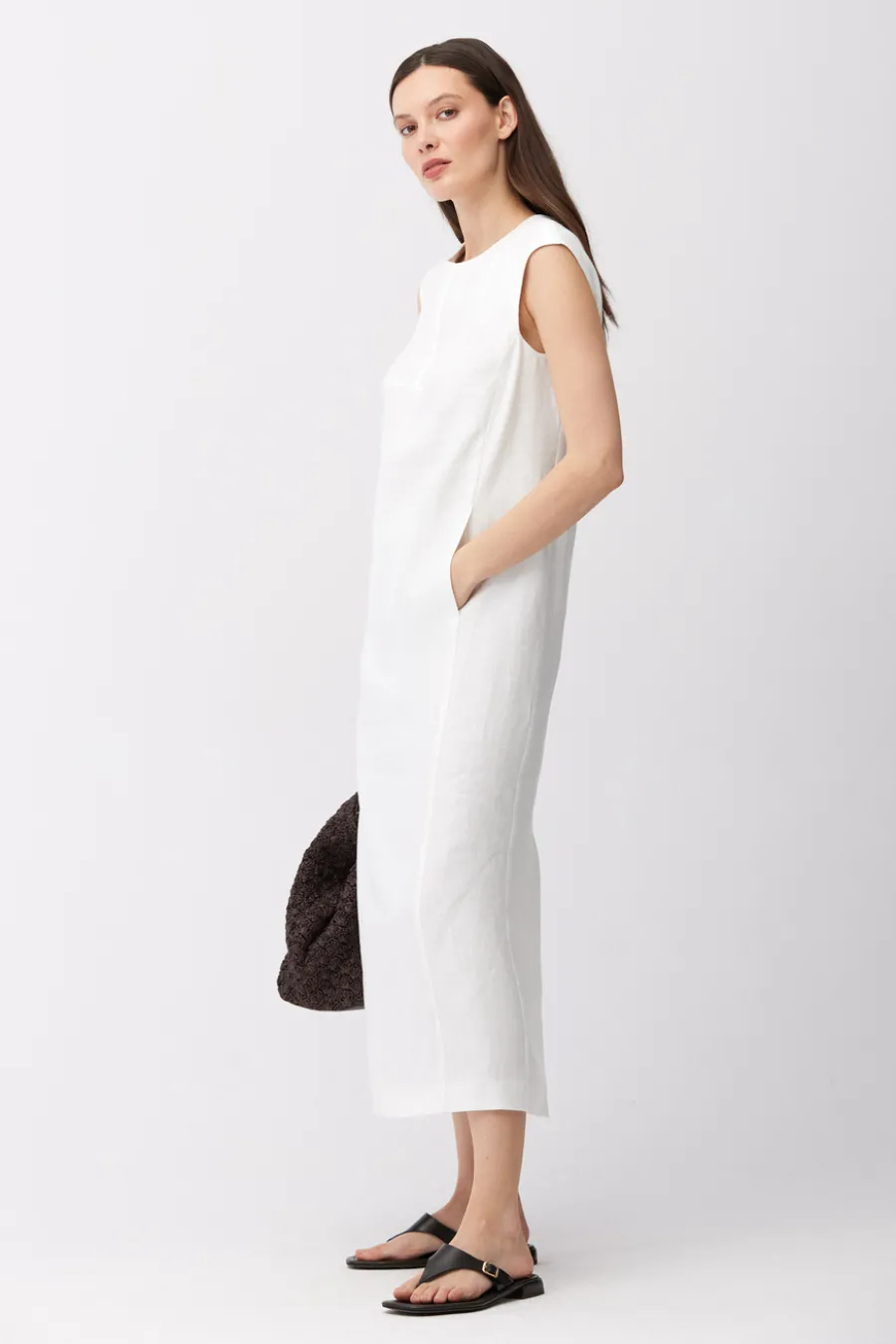 Midi sukienka off white z lnu