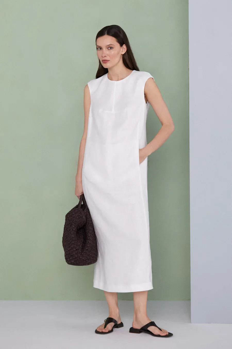 Midi sukienka off white z lnu